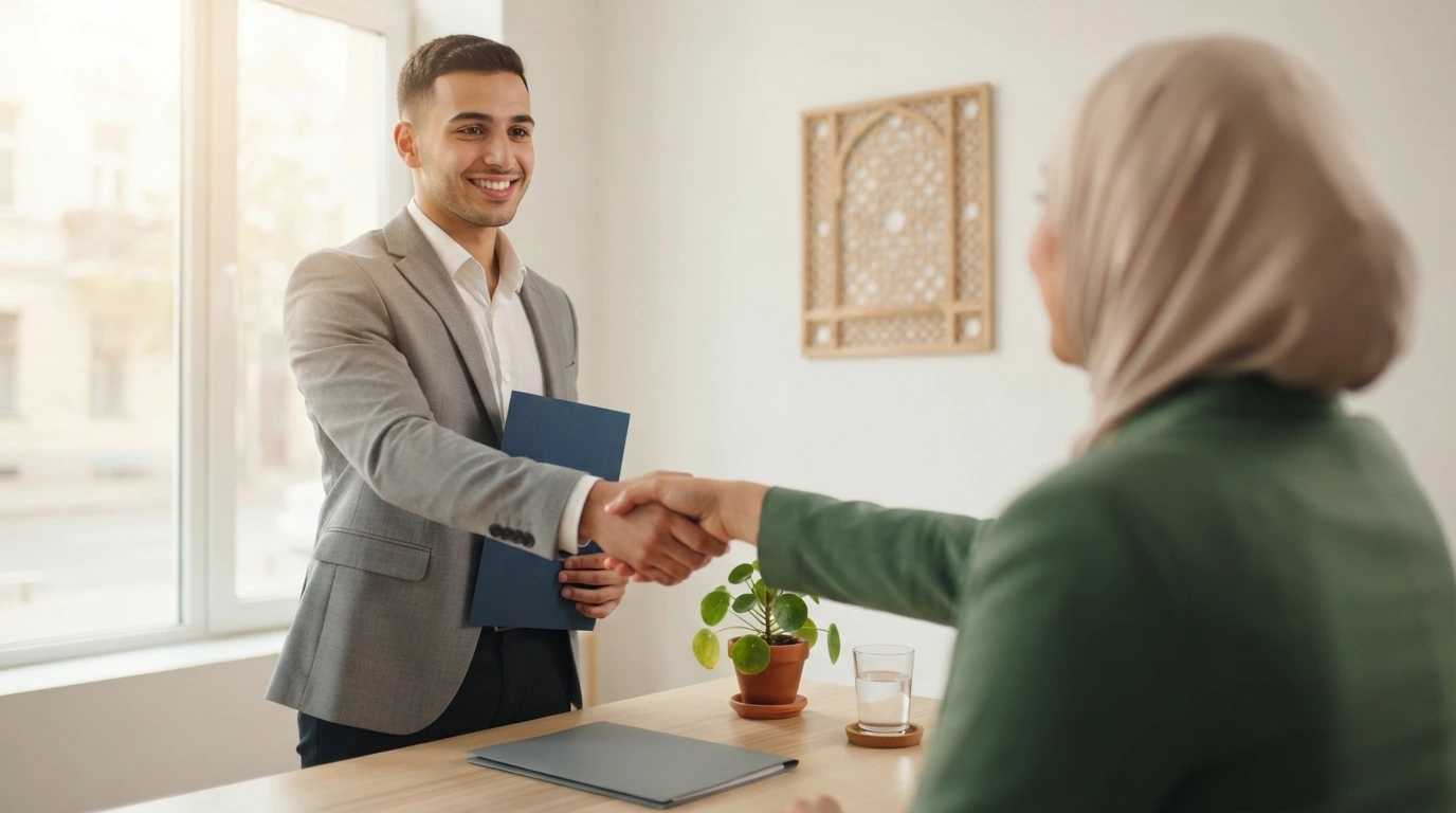 Photorealistic lifestyle photograph, wide 16:9 landscape format. A fresh Arab graduate, a young man aged about twenty-three with neat short dark hair and a clean-shaven face, wearing a well-fitted light grey suit with a white shirt and no tie, stands and shakes hands across a clean desk with an interviewer after a successful job interview. He has a bright, proud, genuine smile and confident eye contact, his other hand holding a plain dark-blue folder against his side. The interviewer, an Arab woman in her forties wearing a soft beige hijab and a forest-green blazer, is seen from behind over her shoulder, partially out of focus, extending her hand warmly. On the desk: a closed plain folder, a small green plant and a glass of water. Over-the-shoulder shot at eye level, the graduate's face as the clear focus on the left third, shot on an 85mm lens at f/2.8. Background: a bright, modern office with a large window, soft morning daylight and a plain light wall with a simple wooden Arabic lattice panel, softly out of focus with a light natural blur, minimal details, uncluttered, no screens. Mood: achievement, optimism, readiness, a promising start. Warm natural light, vibrant but soft colors, authentic natural expression. CAREER READY