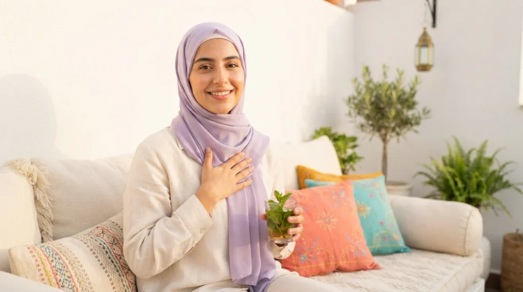Photorealistic lifestyle photograph, wide 16:9 landscape format. A serene, happy Arab woman in her mid-twenties wearing a soft lavender hijab and a cream linen blouse sits comfortably on a low cushioned majlis-style seat on a sunny home terrace. Her eyes are open and bright, she has a calm genuine smile, one hand resting gently on her chest over her heart, the other holding a small glass of mint tea. Her posture is relaxed and open, conveying inner calm, self-awareness and emotional balance. A few colorful embroidered cushions in coral, turquoise and saffron sit beside her. Eye-level camera, subject placed slightly left of center, shot on an 85mm lens at f/2.8.

Background: a bright terrace with a white wall, a few green potted plants and a simple hanging brass lantern, soft golden late-afternoon sunlight, gently out of focus with a light natural blur, minimal details, uncluttered.

Mood: peaceful, warm, emotionally balanced, joyful. Warm natural light, vibrant but soft colors, authentic natural expression.

Strictly no text anywhere in the image: no letters, no numbers, no words, no logos, no writing on cushions, glass, walls or clothing, no watermark.