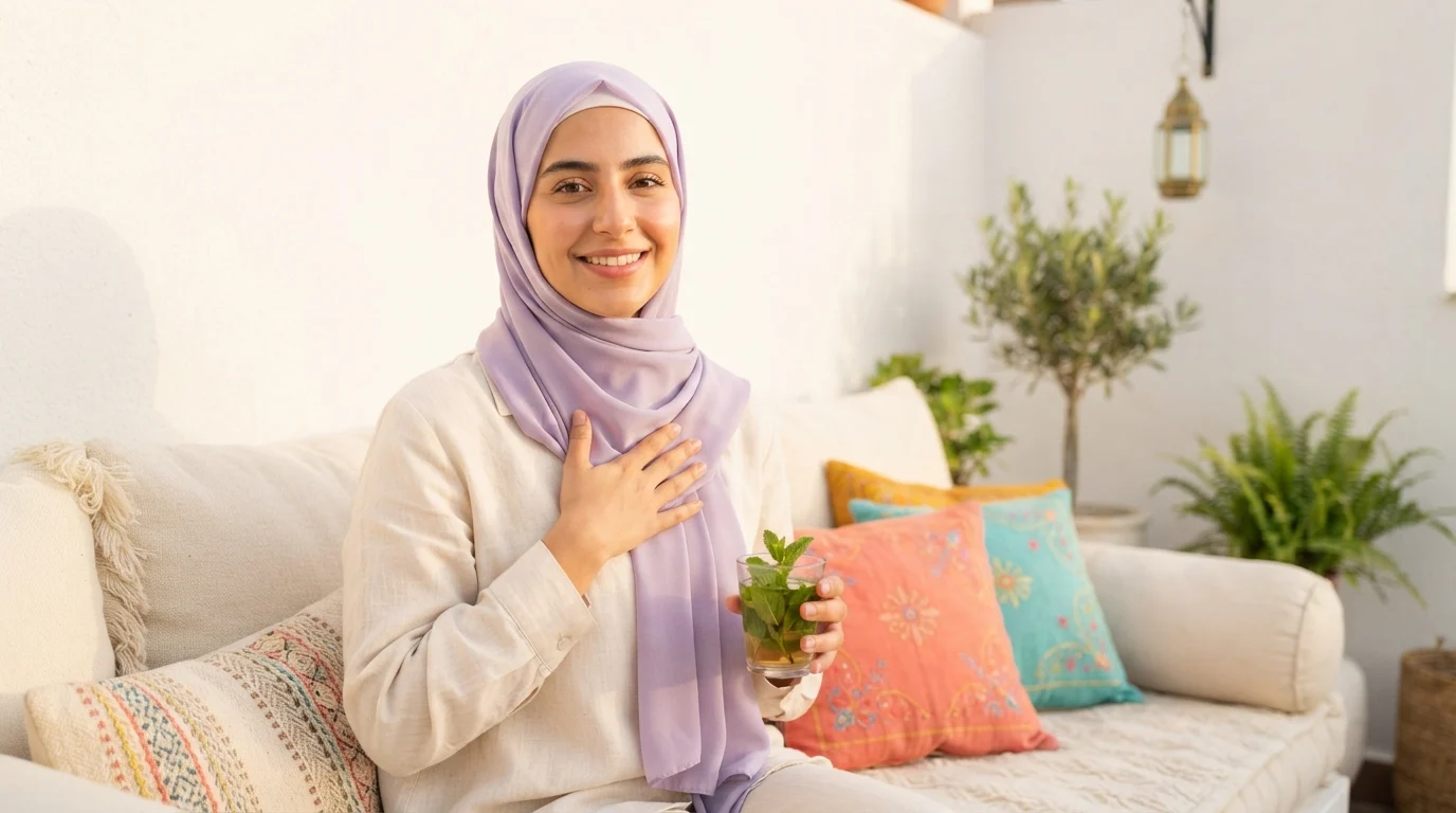 Photorealistic lifestyle photograph, wide 16:9 landscape format. A serene, happy Arab woman in her mid-twenties wearing a soft lavender hijab and a cream linen blouse sits comfortably on a low cushioned majlis-style seat on a sunny home terrace. Her eyes are open and bright, she has a calm genuine smile, one hand resting gently on her chest over her heart, the other holding a small glass of mint tea. Her posture is relaxed and open, conveying inner calm, self-awareness and emotional balance. A few colorful embroidered cushions in coral, turquoise and saffron sit beside her. Eye-level camera, subject placed slightly left of center, shot on an 85mm lens at f/2.8. Background: a bright terrace with a white wall, a few green potted plants and a simple hanging brass lantern, soft golden late-afternoon sunlight, gently out of focus with a light natural blur, minimal details, uncluttered. Mood: peaceful, warm, emotionally balanced, joyful. Warm natural light, vibrant but soft colors, authentic natural expression. EMOTION IQ